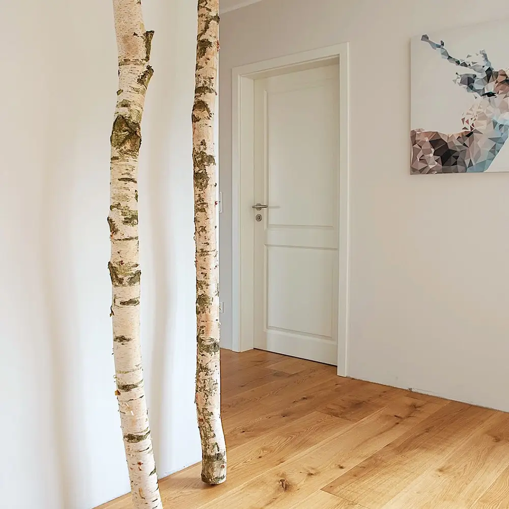 Birkenstämme in Wohnung mit Holzfußboden und weißen Wänden und Türen